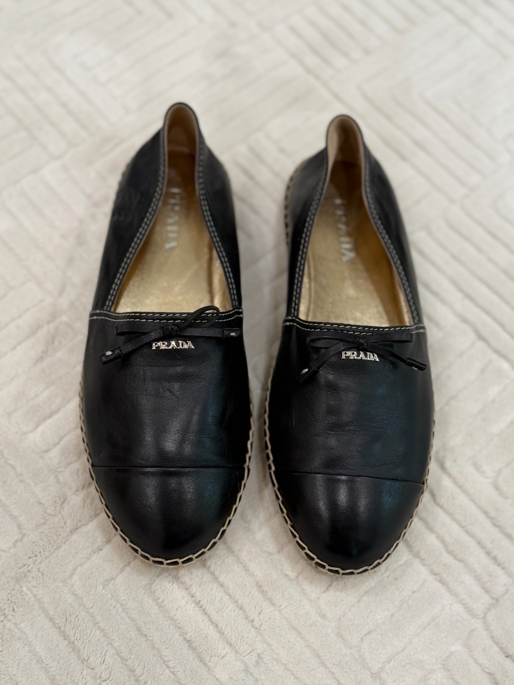 Prada Black Leather Bow Espadrille Flats